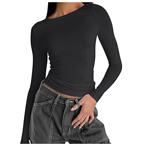 Langarmshirt Damen Sport, Crop Top Y2K, Oberteile Bauchfreies Enge Tee Shirts Rund Ausschnitt Lange Ärmel Tops Athletisches Y2K Stockholm Style Clothes Klassisch Einfarbig Streetwear Freizeit von Briskorry