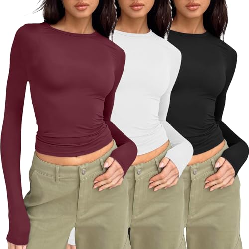 Langarmshirt Damen Sport, Crop Tops Damen Sexy Langarm, Oberteile Bauchfreie Eng Tee Shirts Lange Ärmel Rund Ausschnitt Blusen Athletisch Y2K Unterziehshirt Einfarbige Klassischer Streetwear Lässig von Briskorry