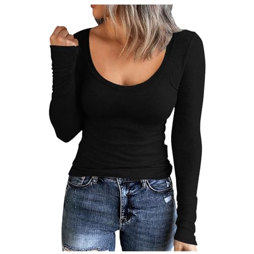 Langarmshirt Damen Weiss, Crop Top Langarm Damen, Oberteil Dehnbar Enges T-Shirt Lange Ärmel U Ausschnitt Blusen Sexy Skims Clean Girl Klamotten Klassische Einfarbige Streetwear Frauen von Briskorry