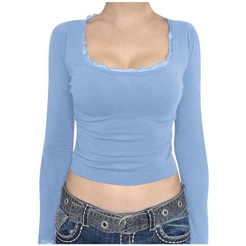 Langarmshirts für Damen, Crop Tops Damen Y2K, Oberteil Slim Fit Bauchfreie Tshirts Rechteckiger Ausschnitt Langärmliges Shirt Skims Sexy Stockholm Style Clothes Solide Klassischer Streetwear Frauen von Briskorry