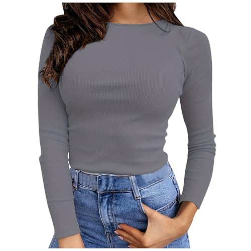 Long Sleeve Shirt Women Baumwolle, Crop Top Langarm Sexy, Oberteil Enges Dehnbar T Shirt Long Sleeve Rundhals Top Athletische Skims Stockholm Style Clothes Klassische Einfarbiges Streetwear Beiläufig von Briskorry