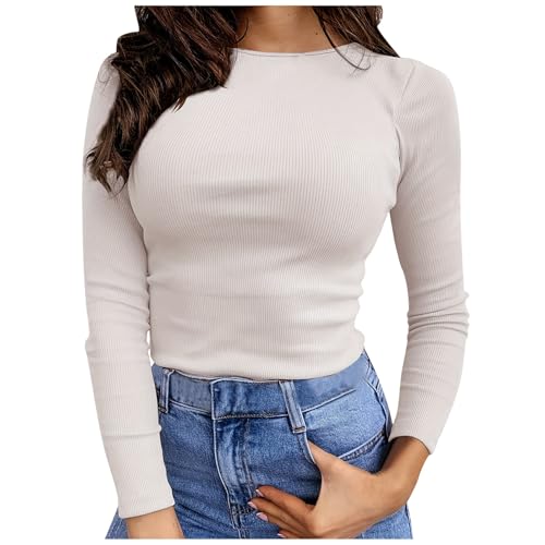 Long Sleeve Shirt Women Baumwolle, Crop Top Langarm Sexy, Oberteil Enges Dehnbar T Shirt Long Sleeve Rundhals Top Athletische Skims Stockholm Style Clothes Klassische Einfarbiges Streetwear Beiläufig von Briskorry