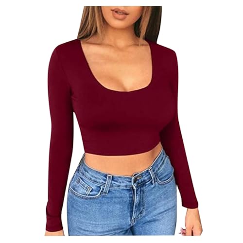 Long Sleeve Shirt Women Baumwolle, Crop Top Schwarz Langarm, Oberteil Enges Bauchfreies Tshirts Langen Ärmeln Rundhals Blusen Aesthetic Y2K Stockholm Style Clothes Solide Klassisch Streetwear von Briskorry