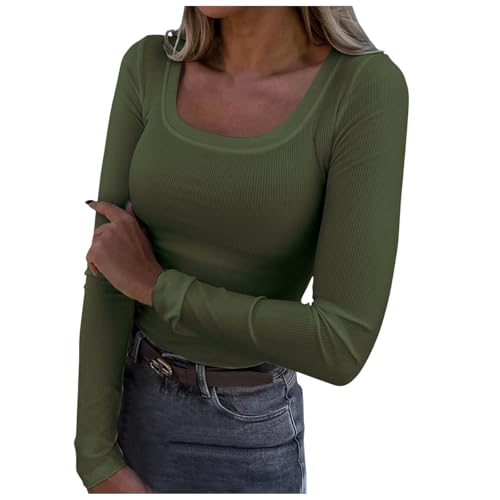 Long Sleeve Shirt Women Baumwolle, Crop Tops Damen Y2K, Oberteil Enges Dehnbar T-Shirt Quadratischer Ausschnitt Langärmelig Blusen Athletische Skims Unterziehshirt Einfarbige Klassisch Streetwear von Briskorry