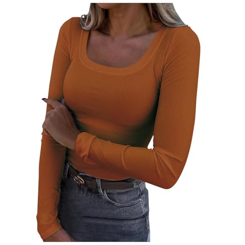 Long Sleeve Shirt Women Baumwolle, Crop Tops Damen Y2K, Oberteil Enges Dehnbar T-Shirt Quadratischer Ausschnitt Langärmelig Blusen Athletische Skims Unterziehshirt Einfarbige Klassisch Streetwear von Briskorry