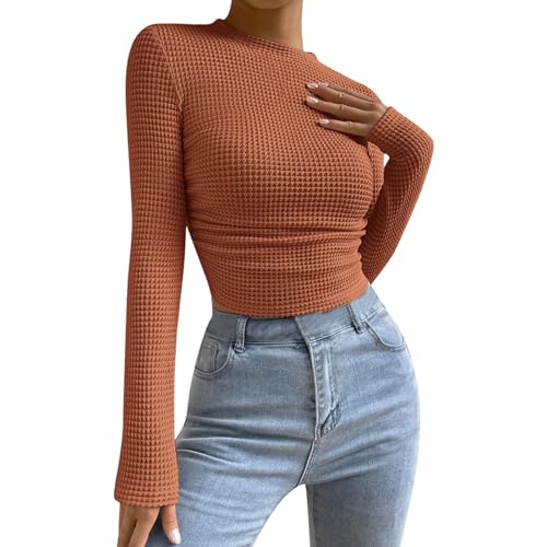 Long Sleeve Shirt Women Sport, Crop Top Damen Langarm, Oberteile Slim Fit Bauchfreies Tshirt Rund Ausschnitt Longsleeve Shirts Skims Elegant Unterziehshirt Klassisch Einfarbig Streetwear Lounge von Briskorry