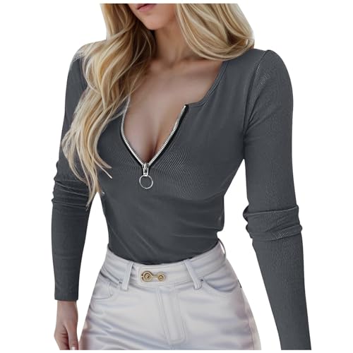 Long Sleeve Shirt Women Sport, Crop Top Weiß Langarm, Oberteile Dehnbar Eng T-Shirt Long Sleeve V-Ausschnit Bluse Sexy Y2K Clean Girl Klamotten Einfarbiger Klassische Streetwear Teenager Mädchen von Briskorry