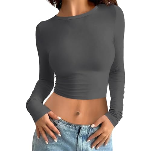 Long Sleeve Shirt Women Y2K, Crop Top Langarm Damen, Oberteil Eng Bauchfreies T Shirt Rund Ausschnitt Langarm Bluse Skims Elegant Clean Girl Klamotten Einfarbiges Klassische Streetwear Lässiger von Briskorry