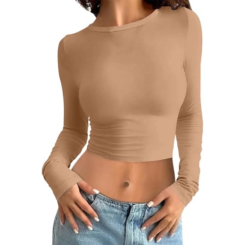 Long Sleeve Shirt Women Y2K, Crop Top Langarm Damen, Oberteil Eng Bauchfreies T Shirt Rund Ausschnitt Langarm Bluse Skims Elegant Clean Girl Klamotten Einfarbiges Klassische Streetwear Lässiger von Briskorry