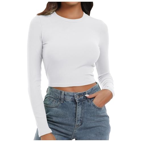 Long Sleeve Shirt Women Y2K, Crop Top Y2K Aesthetic, Oberteil Bauchfreie Eng Tshirts Rundhalsausschnitt Long Sleeve Bluse Aesthetic Skims Unterziehshirt Einfarbiges Klassische Streetwear Frauen von Briskorry