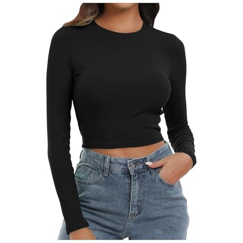 Long Sleeve Shirt Women Y2K, Crop Top Y2K Aesthetic, Oberteil Bauchfreie Eng Tshirts Rundhalsausschnitt Long Sleeve Bluse Aesthetic Skims Unterziehshirt Einfarbiges Klassische Streetwear Frauen von Briskorry