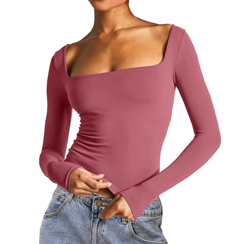 Longshirt Damen Eng, Crop Top Damen Y2K, Oberteile Bauchfreie Enge Tee Shirts Quadratischer Ausschnitt Langärmelig Shirts Athletisches Skims Unterziehshirt Einfarbig Klassische Streetwear Lässiges von Briskorry