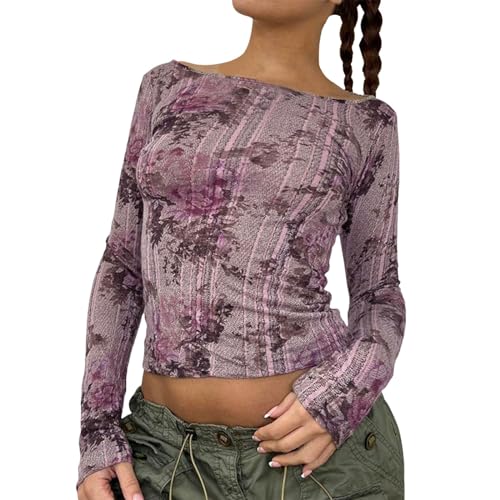 Longshirt Damen Eng, Crop Tops Damen Langarm Sport, Oberteil Eng Bauchfreie Tee Shirt Lange Ärmel Schulterfrei Bluse Sexy Y2K Unterziehshirt Bedruckt Klassischer Streetwear Lässiges von Briskorry