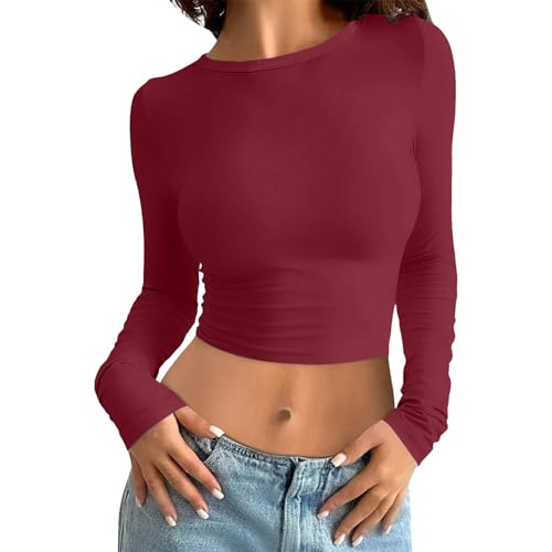 Longsleeve Damen Baumwolle, Crop Top Damen Langarm, Oberteil Slim Fit Bauchfreies T-Shirt Langarm Rundhalsausschnitt Tops Y2K Athletisches Stockholm Style Clothes Einfarbiges Basic Streetwear von Briskorry