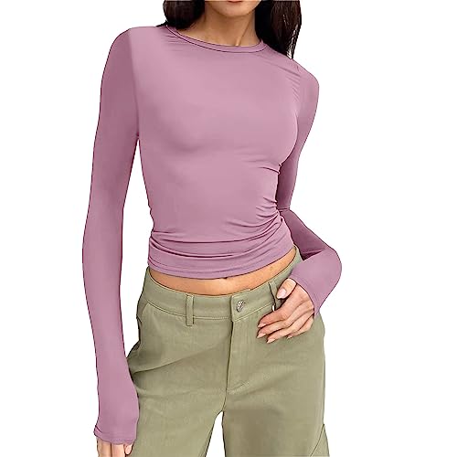 Longsleeve Damen Eng, Crop Top Langarm Damen, Oberteile Enges Bauchfreie Tshirt Langärmliges Rundhalsausschnitt Top Athletisch Y2K Stockholm Style Clothes Klassisch Einfarbiges Streetwear Frauen von Briskorry