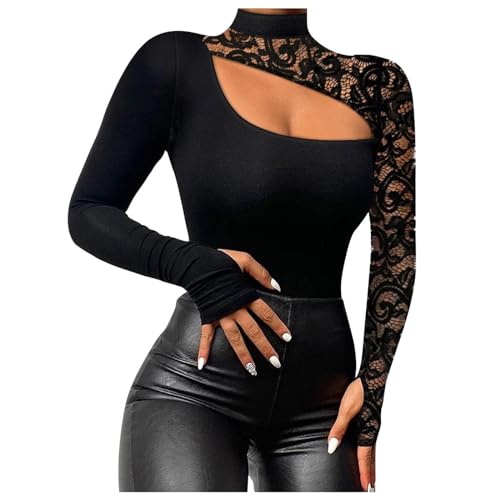 Longsleeve Damen Eng, Crop Top Langarm Schwarz, Oberteile Enges Spitze Tee Shirt Hochgeschlossener Langarm Blusen Sexy Skims Unterziehshirt Einfarbige Klassische Streetwear Lässig von Briskorry