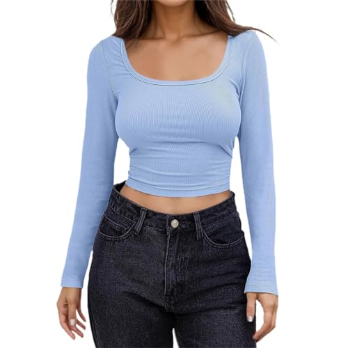 Longsleeve Damen Schwarz, Crop Top Weiß Langarm, Oberteile Slim Fit Bauchfreie Tshirt Quadratischer Ausschnitt Langärmelig Blusen Athletisch Skims Clean Girl Klamotten Solid Basic Streetwear Freizeit von Briskorry