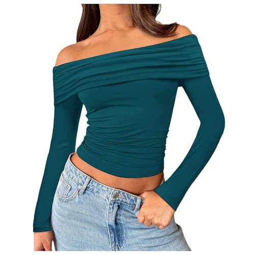 Longsleeve Damen Sport, Crop Tops Damen Sport Langarm, Oberteile Enge Bauchfreies T Shirt Schulterfreies Langärmliges Blusen Athletische Y2K Unterziehshirt Klassisch Einfarbiger Streetwear Casual von Briskorry