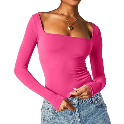 Longsleeve Damen Y2K, Crop Top Damen Langarm, Oberteil Slim Fit Stretch T-Shirt Quadratischer Ausschnitt Langärmelig Bluse Sexy Y2K Stockholm Style Clothes Einfarbiger Basic Streetwear Lässige von Briskorry