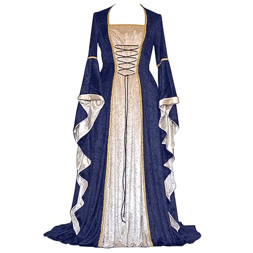 Mittelalter Kleid Damen, Renaissance Kleid Damen Lang, Gothic Kleid Vintage Spitzen Maxikleider Gesmokte Taille Trompete Ärmel Partykleid Schulterfreie Frabblock Fasching Kostüm Traditionelles von Briskorry