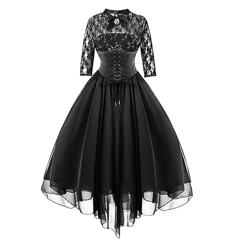 Mittelalter Kleidung Damen, Renaissance Kleid Damen, Gotischen Kleider Mesh Retro Maxikleid Gebunden Taille Ausgestellten Ärmeln Partykleider Schulterfrei Frabblock Viktorianische Kleid Party von Briskorry