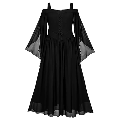 Mittelalter Kleidung Damen, Renaissance Kleid Damen Grün, Gothiches Kleider Retro Mesh Maxikleid Ausgestellten Ärmeln Gesmokte Taille Partykleid Schulterfreie Frabblock Schnürkleid Traditionelles von Briskorry