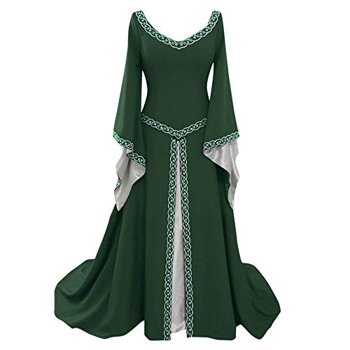 Mittelalter Kleidung Damen, Renaissance Kleid Grün, Gothic Kleid Vintage Spitzen Maxikleider Gebunden Taille Trompetenärmel Partykleider Schulterfrei Frabblock Festlich Kostüm Mittelalterliche von Briskorry