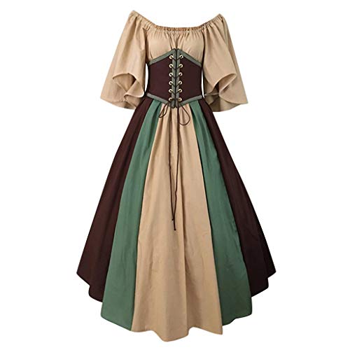 Mittelalter Kleidung Damen, Renaissance Kleid Mittelalter, Gothiches Kleid Mesh Retro Maxikleider Gesmokte Taille Ausgestellten Ärmeln Partykleid Schulterfrei Frabblock Viktorianische Kleider Party von Briskorry