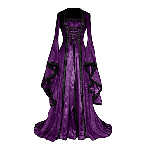 Mittelalter Kleidung Damen, Renaissance Kleid Mittelalter, Gothiches Kleid Vintage Spitzen Maxikleid Trompetenärmel Gesmokte Taille Partykleid Off Shoulder Frabblock Fasching Kostüm Traditionelles von Briskorry