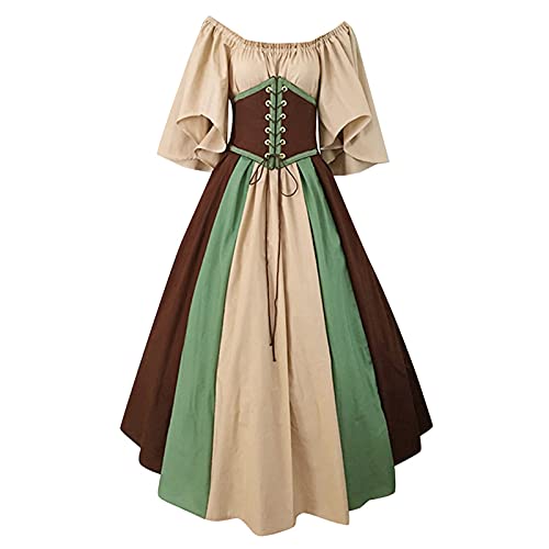 Mittelalter Kleidung Damen, Renaissance Kleidung Damen, Gothiches Kleider Retro Spitze Maxikleider Trompetenärmel Gesmokte Taille Partykleid Schulterfreies Frabblock Viktorianische Kleid Party von Briskorry