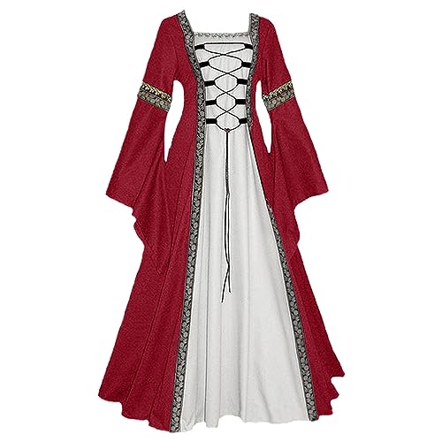 Mittelalter Kleidung Damen, Renaissance Kleidung Damen, Gotischen Kleid Retro Spitzen Maxikleider Gesmokte Taille Ausgestellten Ärmeln Partykleider Frabblock Schulterfrei Karneval Kostüm Party von Briskorry