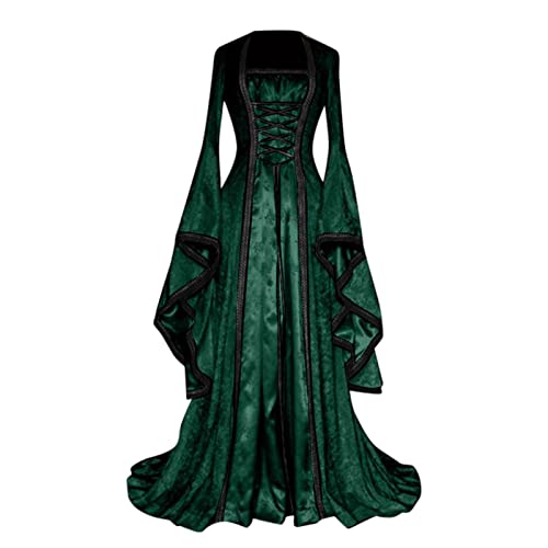 Mittelalter Kostüm Damen, Renaissance Kleid Damen Grün, Gothiches Kleid Mesh Vintage Maxikleider Gesmokte Taille Ausgestellten Ärmeln Partykleider Off Shoulder Frabblock Fasching Kostüm Cosplay von Briskorry