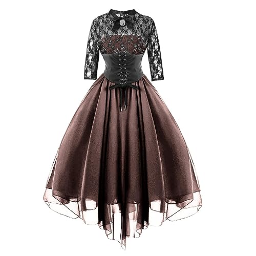 Mittelalter Kostüm Damen, Renaissance Kleider Damen, Gothic Kleid Retro Spitze Maxikleid Ausgestellten Ärmeln Gesmokte Taille Partykleid Off Shoulder Frabblock Halloween Kostüm Mittelalterliche von Briskorry