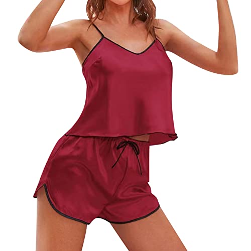 Musselin Pyjama Damen, Satin Schlafanzug Damen, Pyjamas Set Kurz Zweiteiliger Nachtwäsche Reizvolle V-Ausschnitt Ärmellos Top und Shorts Nightwear Lounge Leichter Negligees Einfarbiges Sommer von Briskorry