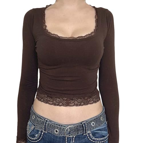 Oberteile Damen Langarm, Crop Tops Damen Sexy Langarm, Oberteile Bauchfreie Enges T Shirt Rechteckiger Ausschnitt Langen Ärmeln Top Y2K Elegant Clean Girl Klamotten Solid Spitzenbesatz Streetwear von Briskorry