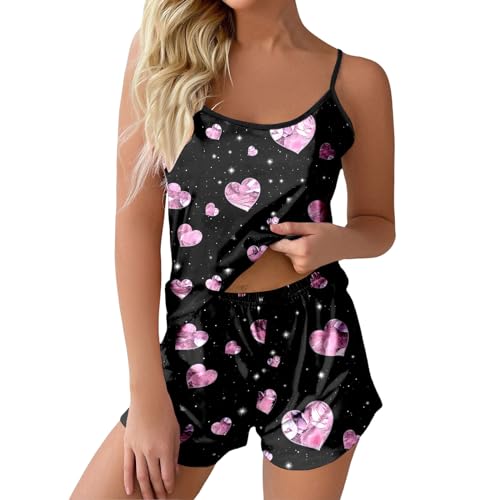 Pyjama Damen Kurz Sexy, Schlafanzug Damen Satin, Pyjamas Zweiteilige Kurz Nachtwäsche Reizvolle V Ausschnitt Ärmellose Oberteil und Kurze Hose Sleepwear Weich Beiläufig Reizwäsche Gedruckt Sommer von Briskorry