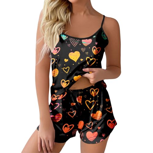 Pyjama Damen Sommer, Schlafanzug Damen Sommer, Schlafanzüge Zweiteiler Kurz Nachtwäsche Set Sexy V-Ausschnitt Spaghetti Träger Nachthemd und Kurze Hose Nightwear Lässiger Bademantel Bedruckt 2024 von Briskorry