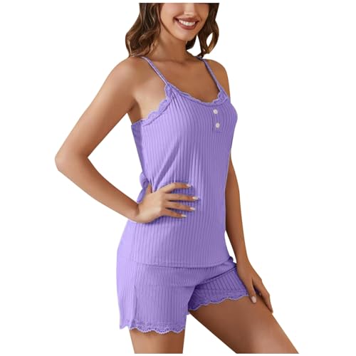 Pyjama Damen Sommer, Schlafanzug Mädchen, Pyjama-Set Shorty Zweiteiler Nachtwäsche V-Ausschnitt Spitze Spleiß Cami Oberteil und Schlafhosen Hausanzug Freizeit Kuschelig Bodysuit Einfarbiger Sommer von Briskorry