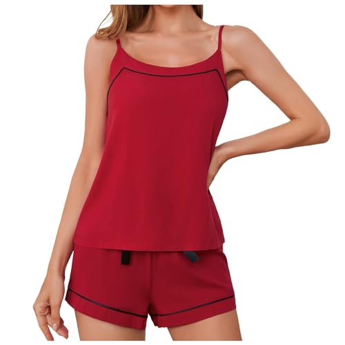 Pyjama Set Damen, Musselin Schlafanzug Damen, Schlafanzüge Zweiteilige Kurz Nachtwäsche Reizvolle V-Ausschnitt Cami Sleepshirt und Short Loungewear Bequeme Lässiges Negligees Einfarbig Sommer von Briskorry