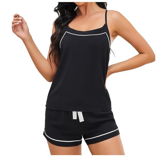 Pyjama Set Damen, Musselin Schlafanzug Damen, Schlafanzüge Zweiteilige Kurz Nachtwäsche Reizvolle V-Ausschnitt Cami Sleepshirt und Short Loungewear Bequeme Lässiges Negligees Einfarbig Sommer von Briskorry