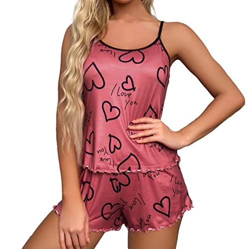 Pyjama Set Damen Kurz, Schlafanzug Sommer Damen, Pyjama-Set Zweiteilige Kurz Nachtwäsche V Ausschnitt Reizvolle Cami Nachthemd und Schlafshorts Nachtkleidung Lässiges Negligees Gedruckte Sommer von Briskorry