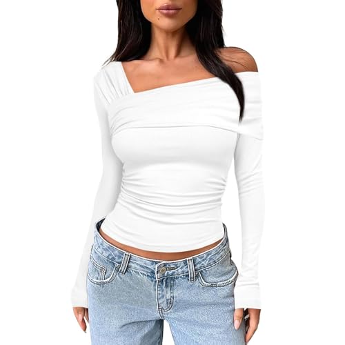 Shirt Langarm Damen Schwarz, Crop Top Langarm Weiß, Oberteil Enge Schulterfreies Tshirt Unregelmäßige Langärmelig Blusen Athletisch Y2K Stockholm Style Clothes Solide Basic Streetwear Lounge von Briskorry