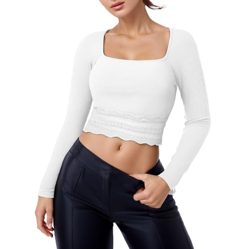 Y2K Top Langarm, Crop Top Damen Y2K, Oberteile Eng Bauchfreies T Shirts Langärmliges Quadratischer Ausschnitt Bluse Y2K Elegant Stockholm Style Clothes Klassisch Einfarbig Streetwear Teenager von Briskorry