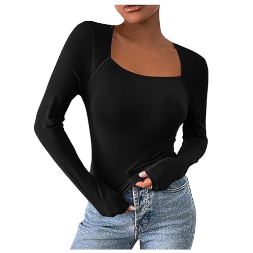 Y2K Top Langarm, Crop Top Langarm Schwarz, Oberteil Stretch Slim Fit T Shirts Long Sleeve Rechteckiger Ausschnitt Bluse Skims Elegant Stockholm Style Clothes Einfarbiger Basic Streetwear Lässig von Briskorry