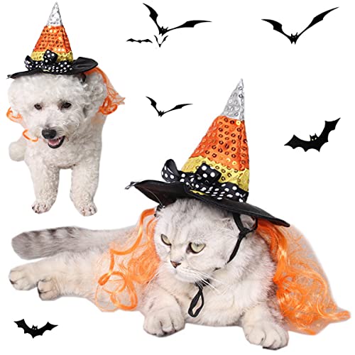 Brocarp Hund Katze Hexenhut mit Haaren, Haustier Halloween Kostüm für lustige Kappe Urlaub Party Cosplay Kopfschmuck Zubehör Welpen Kätzchen Zauberer Hüte Stirnbänder Einstellbare niedliche Topper Kopfbedeckung von Brocarp