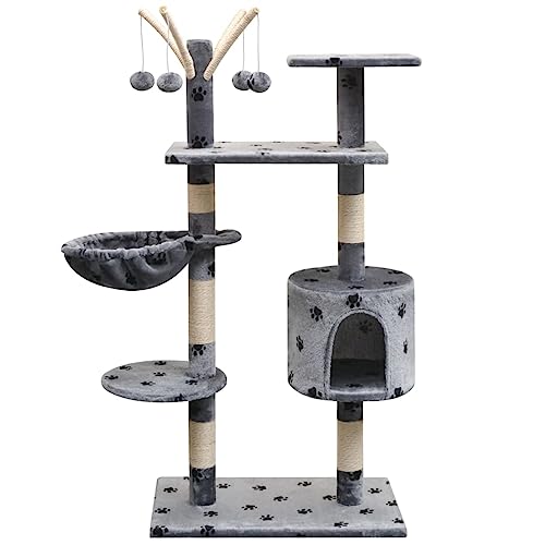 Brokky Katzen-Kratzbaum 125 cm Katzenkratzbaum Cat Tree Katzen Kratzbaum Katzen ZubehöR Indoor Grau mit Pfoten-Aufdruck von Brokky