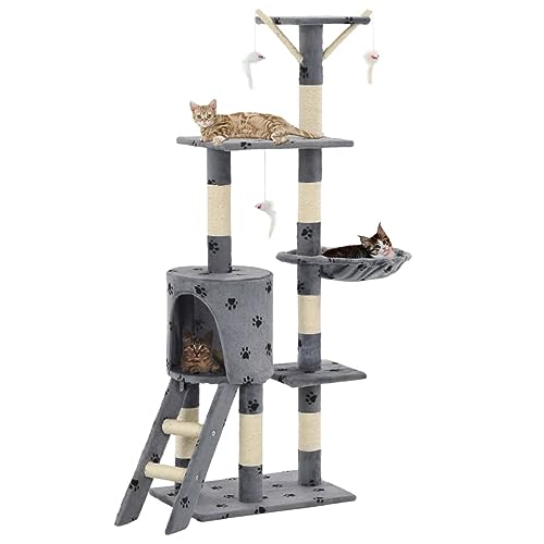 Brokky Katzen-Kratzbaum Sisal 138 cm Katzenkratzbaum Cat Tree Katzen Kratzbaum Katzen ZubehöR Indoor Grau Pfoten-Aufdruck von Brokky