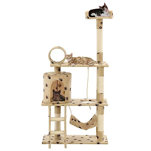 Brokky Katzen-Kratzbaum Sisal 140 cm Katzenkratzbaum Cat Tree Katzen Kratzbaum Katzen ZubehöR Indoor Beige Pfoten-Aufdruck von Brokky