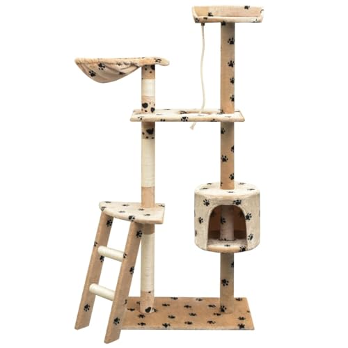 Brokky Katzen-Kratzbaum Sisal 150 cm Katzenkratzbaum Cat Tree Katzen Kratzbaum Katzen ZubehöR Indoor Beige mit Pfoten-Aufdruck von Brokky