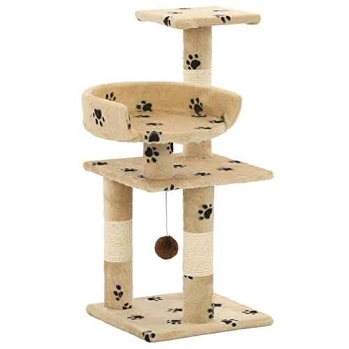 Brokky Katzen-Kratzbaum mit Sisal-Säulen 65 cm Katzenkratzbaum Cat Tree Katzen Kratzbaum Katzen ZubehöR Indoor Pfoten-Aufdruck Beige von Brokky